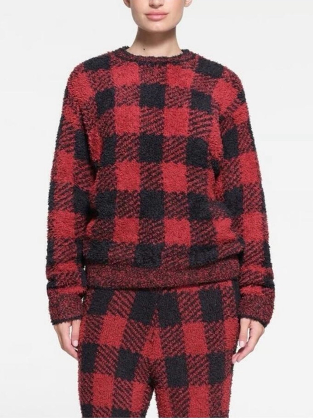 SKIMS Cozy Knit Buffalo Plaid Sweater/Pajama Top Red Black Size L/XL